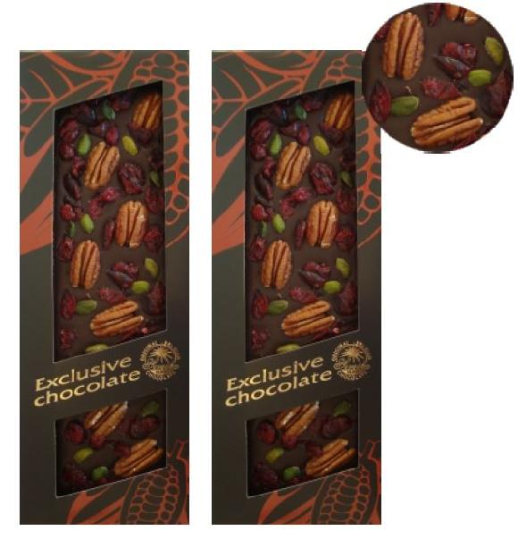 Hořká čokoláda s pekanovými ořechy, pistácií a brusinkami 120g