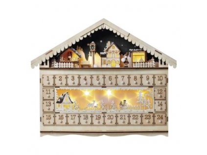 LED dřevěný adventní kalendář, teplá bílá, 19x40cm, 2xAA, časovač