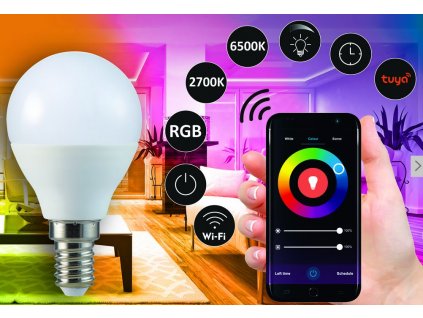 Inteligentní LED žárovka SMART TUYA, E14, G45, 5,5W, 2700-6500K, 470lm, RGB, WIFI