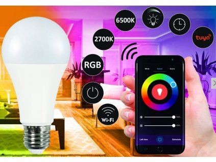 Inteligentní LED žárovka SMART TUYA, E27, A65, 11W, 2700-6500K, 1055lm, RGB, WIFI