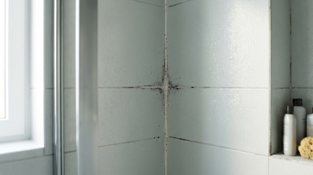 Detail tmavnúceho silikónu a škár v rohu sprchového kúta, kde začína pleseň