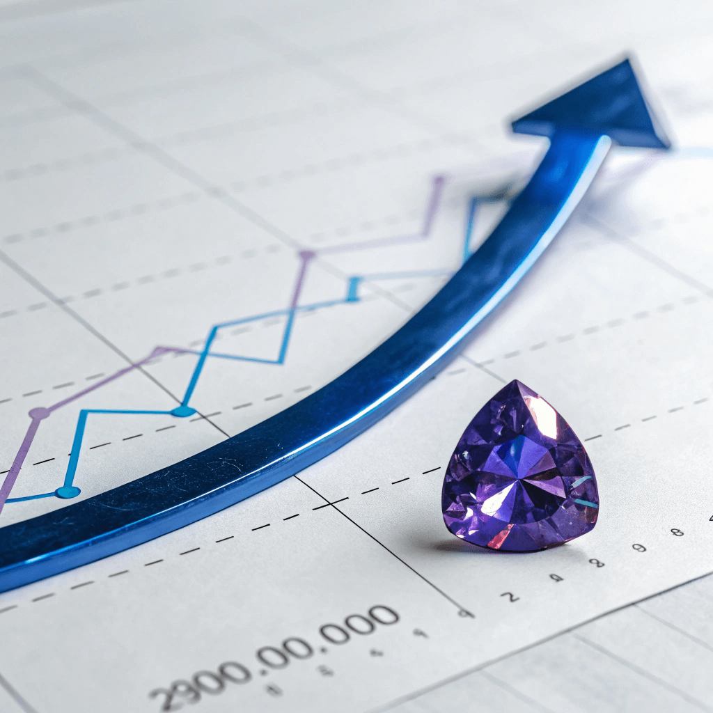 Broušený tanzanit položený na grafu růstu hodnoty, symbolizující investiční potenciál drahokamu.