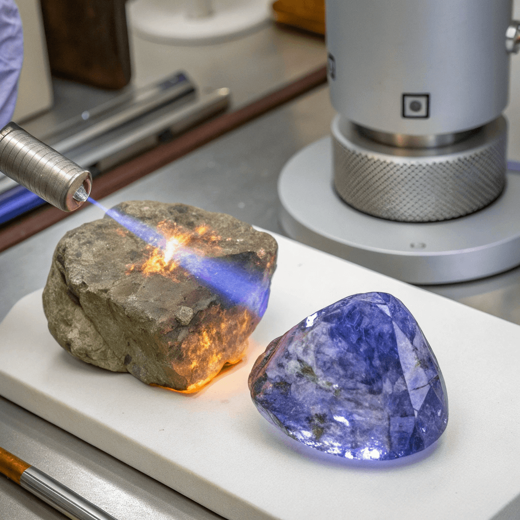 Ilustrace procesu tepelné úpravy tanzanitu, při kterém se kámen zahřívá, aby se zvýraznila jeho modrofialová barva.