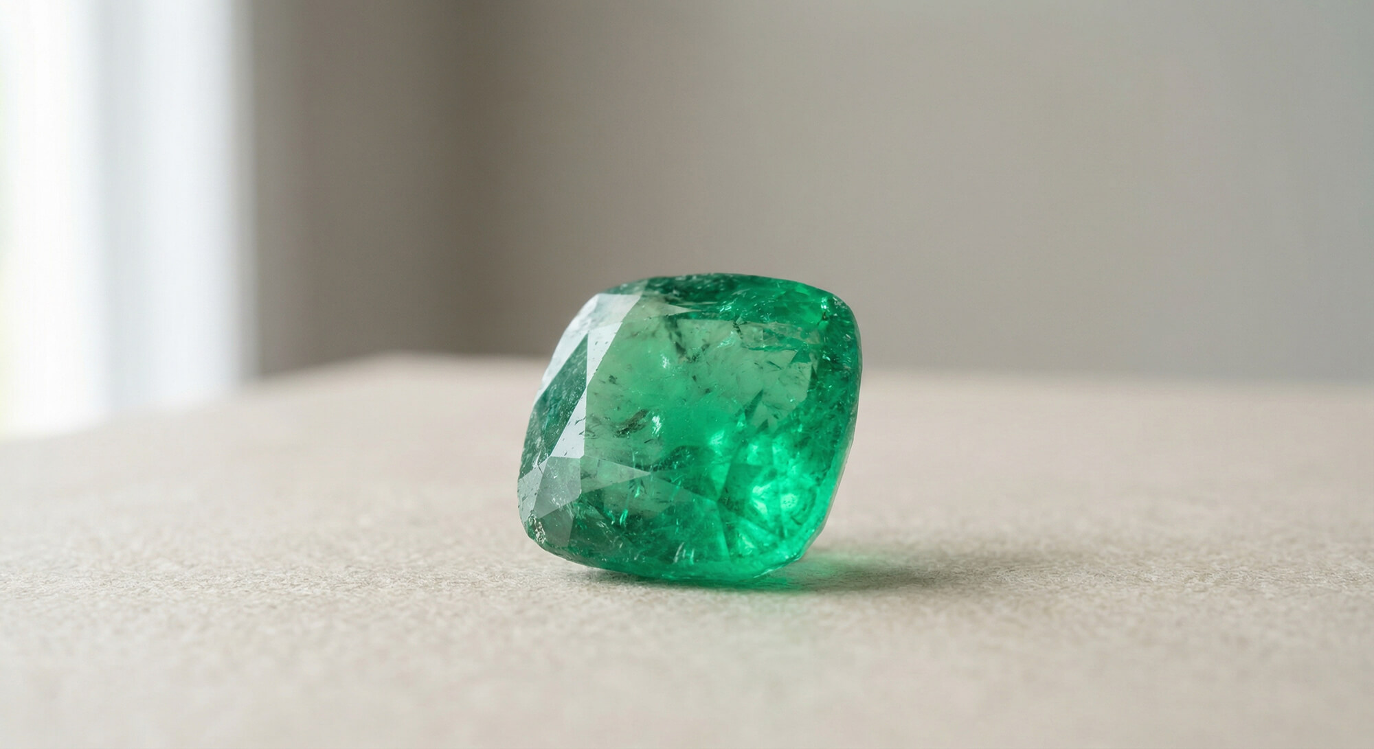 Broušený zelený smaragd s viditelnou vnitřní strukturou položený na světlém povrchu.