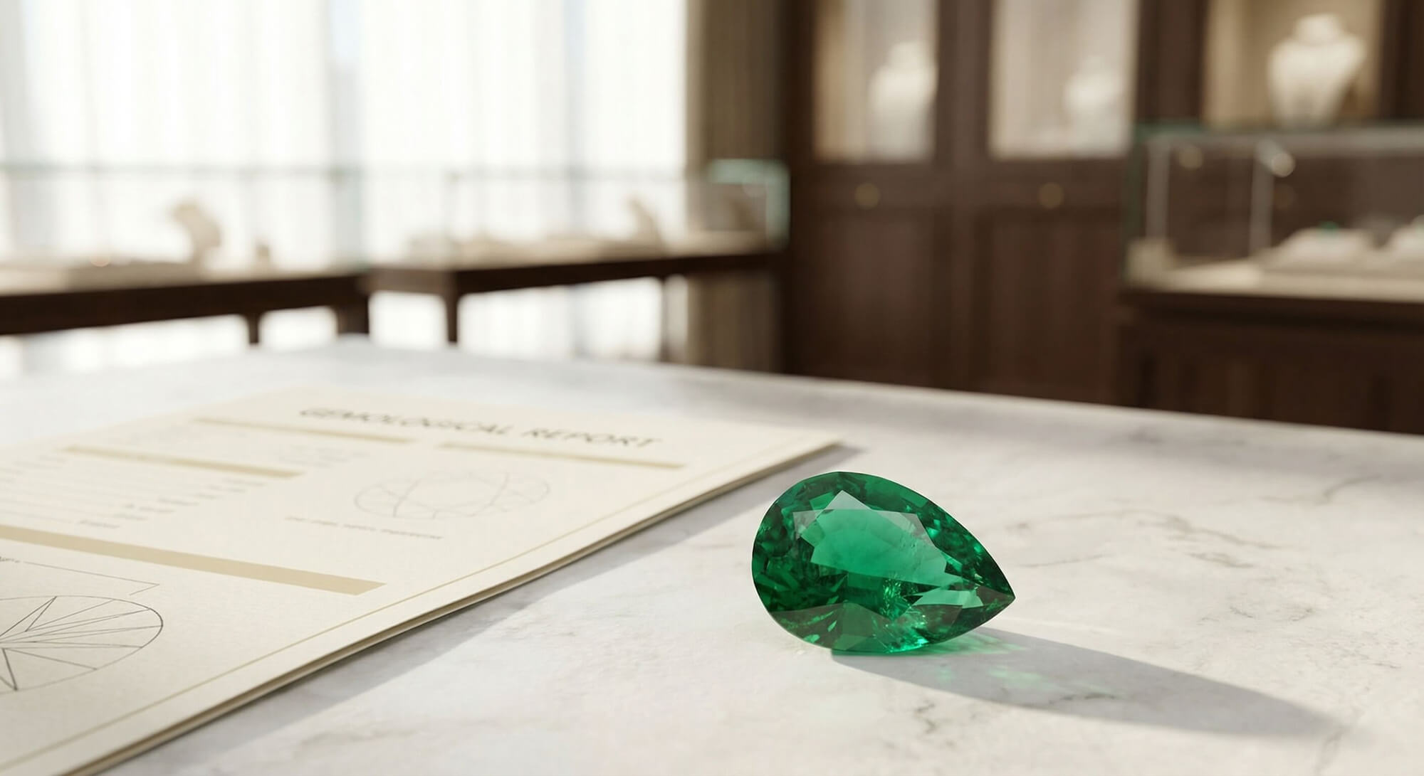 Broušený zelený smaragd položený vedle gemologického dokumentu při posuzování kvality a nákupu.