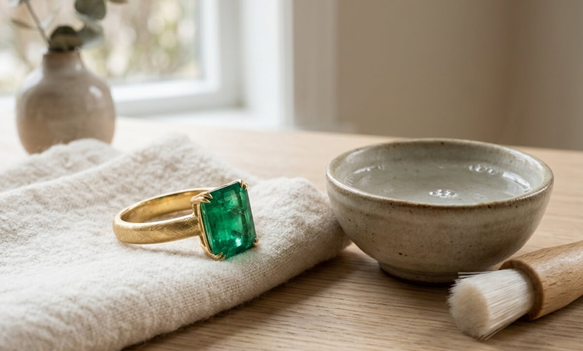 Zlatý prsten se smaragdem vedle misky s vodou a jemného kartáčku, symbolizující šetrnou péči o šperk.
