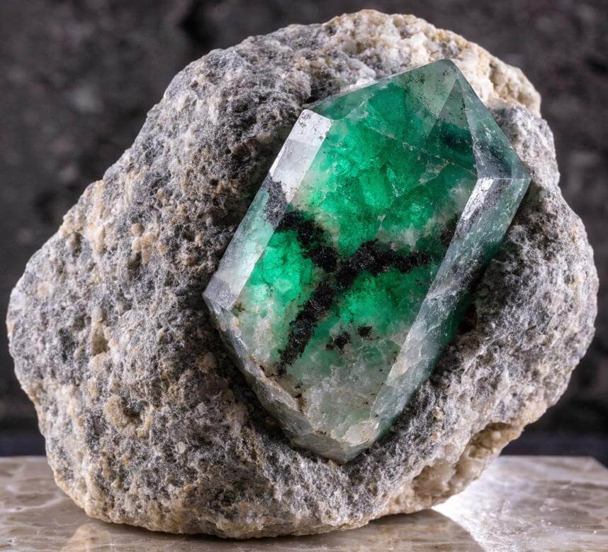 Přírodní smaragd se sytě zelenou barvou, typickou pro odrůdu berylu zbarvenou chromem nebo vanadem.