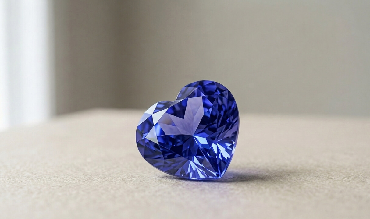 Broušený modrý tanzanit s viditelnou vnitřní strukturou položený na světlém povrchu.