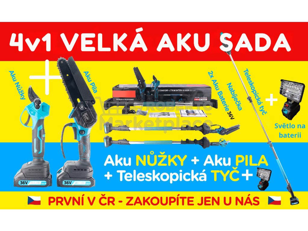 Velká Aku Sada 4v1 - Řetězová pila + Aku nůžky 28mm + tyč