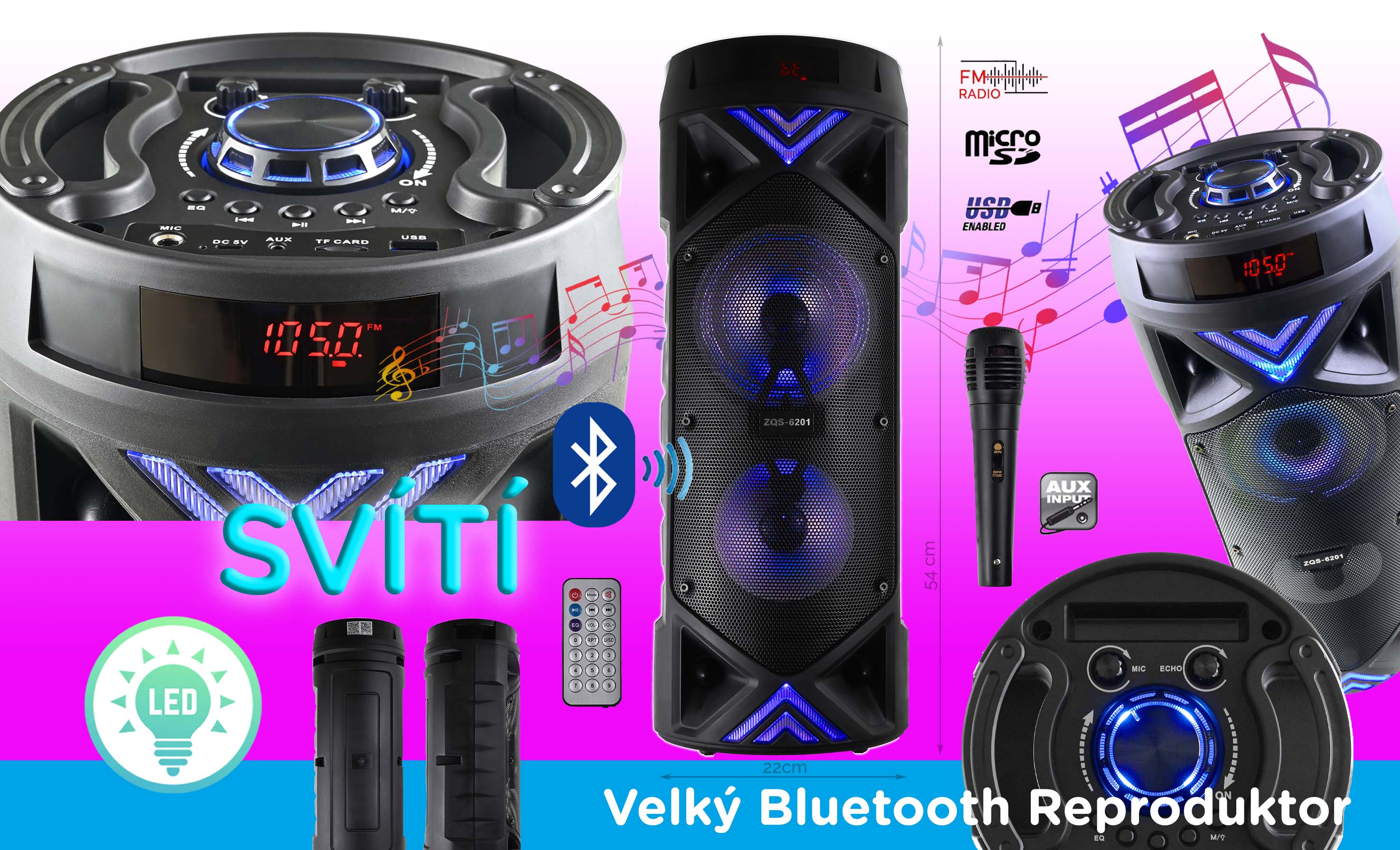 Velký BlueTooth Reproduktor přenosný + FM rádio