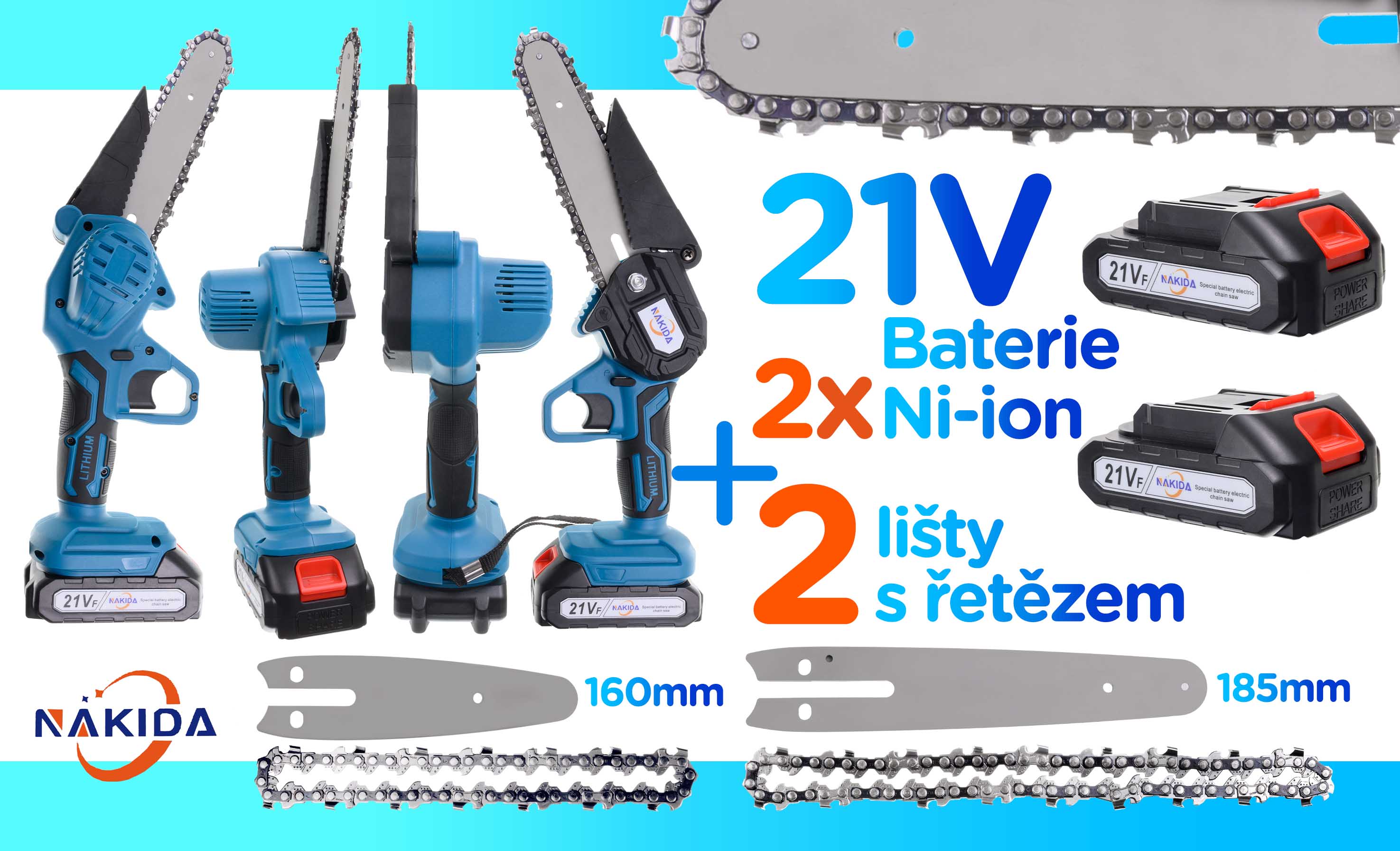 Aku řetězová pila ruční 185 mm / 6'' – 2x lišta –2 ks aku