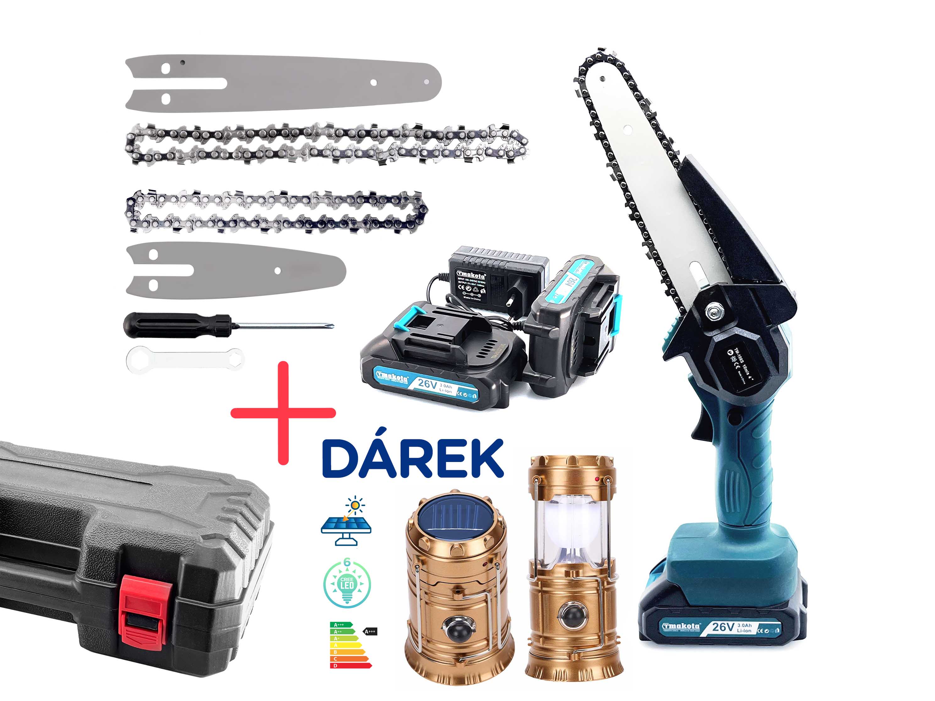 Kvalitní Aku řetězová ruční pila 6''/185 mm s dvěma lištami a řetězy.   AKCE BLACK FRIDAY  + Dárek Solární LED svítilna ZDARMA