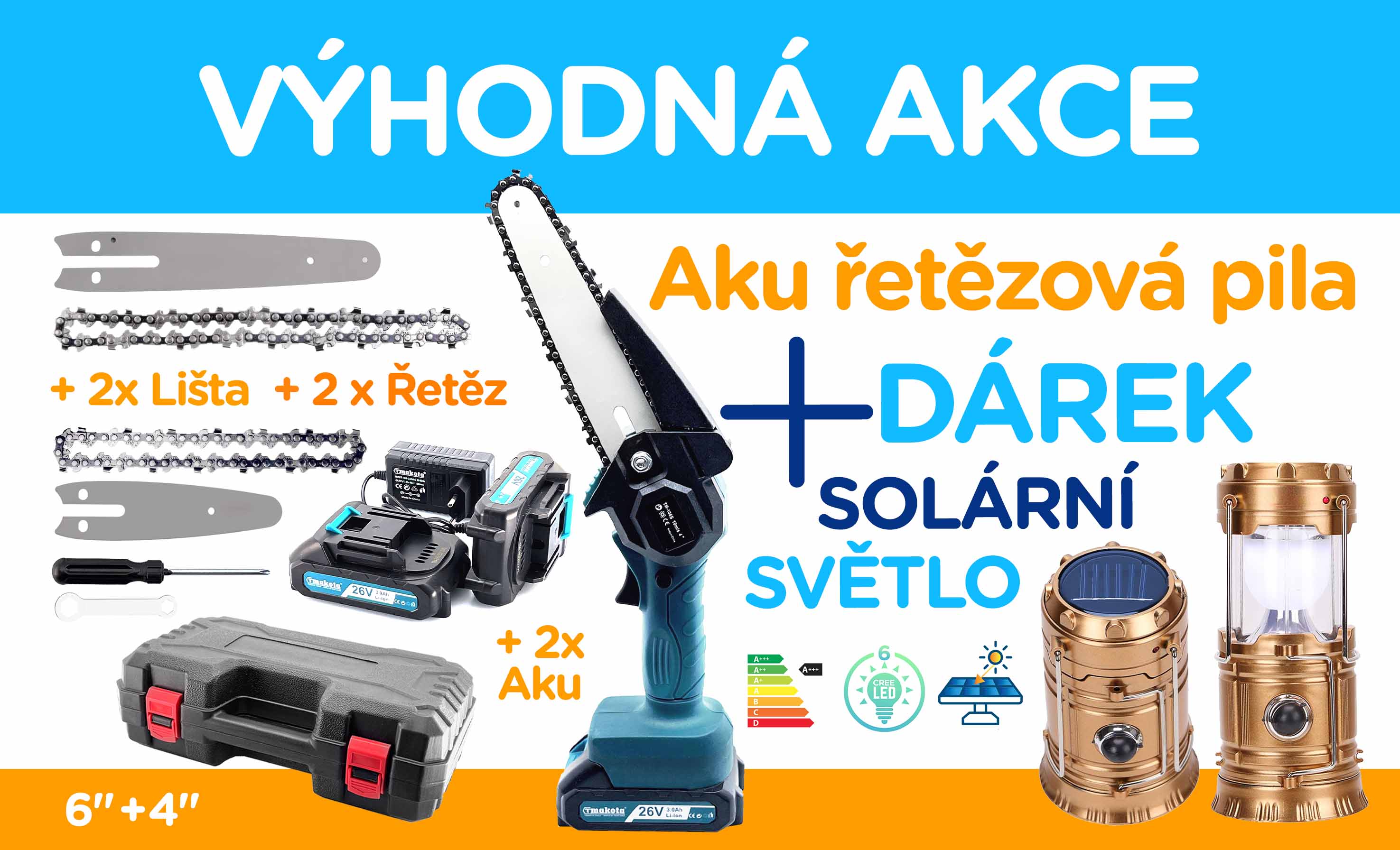 VÝHODNÁ AKCE -Aku řetězová pila ruční 185 mm / 6'' – 2x lišta –2 ks aku 2x 1,5 Ah + nabíječka + kufr