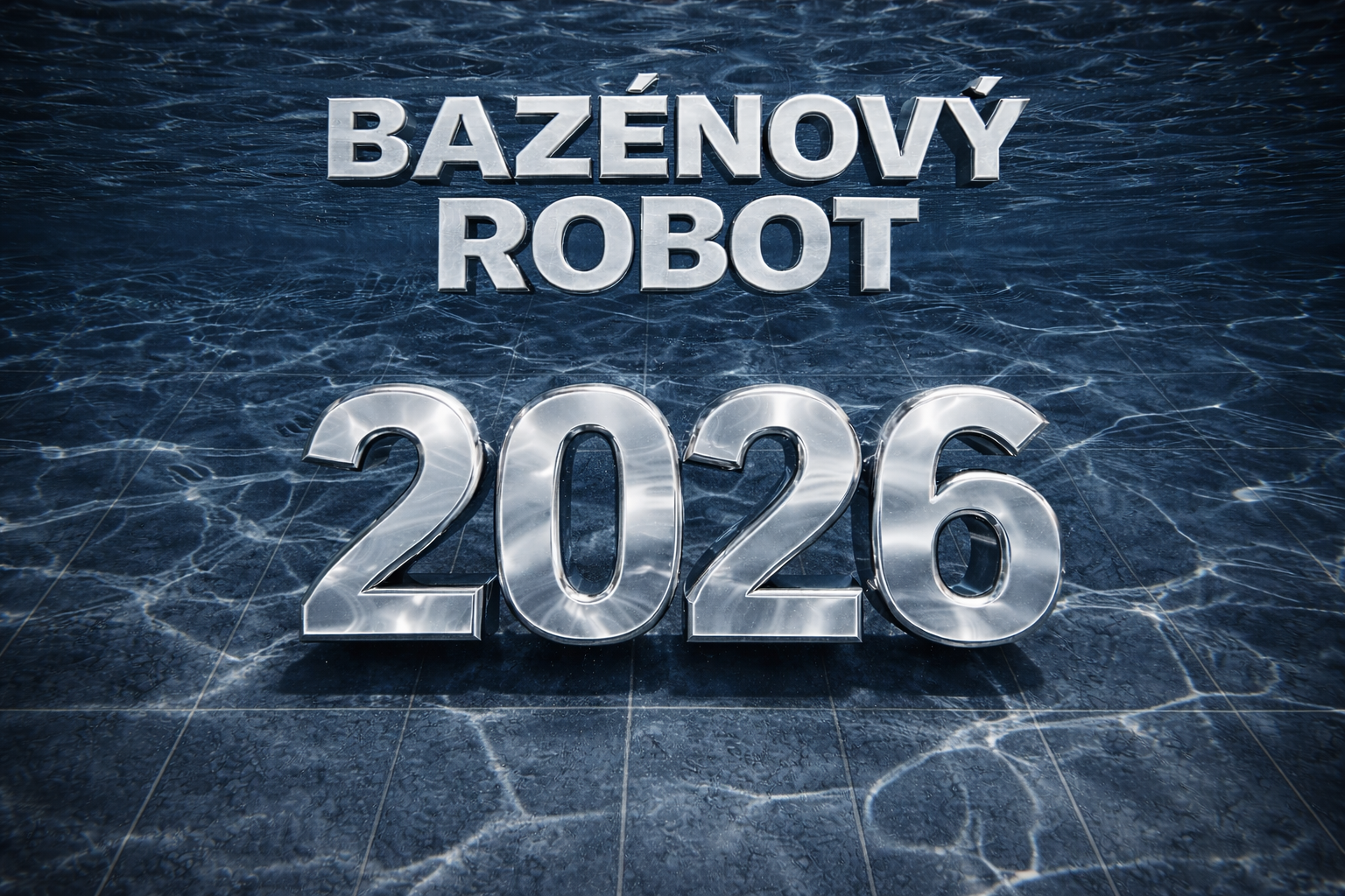 Nápis "Bazénový robot 2026" ve vodě