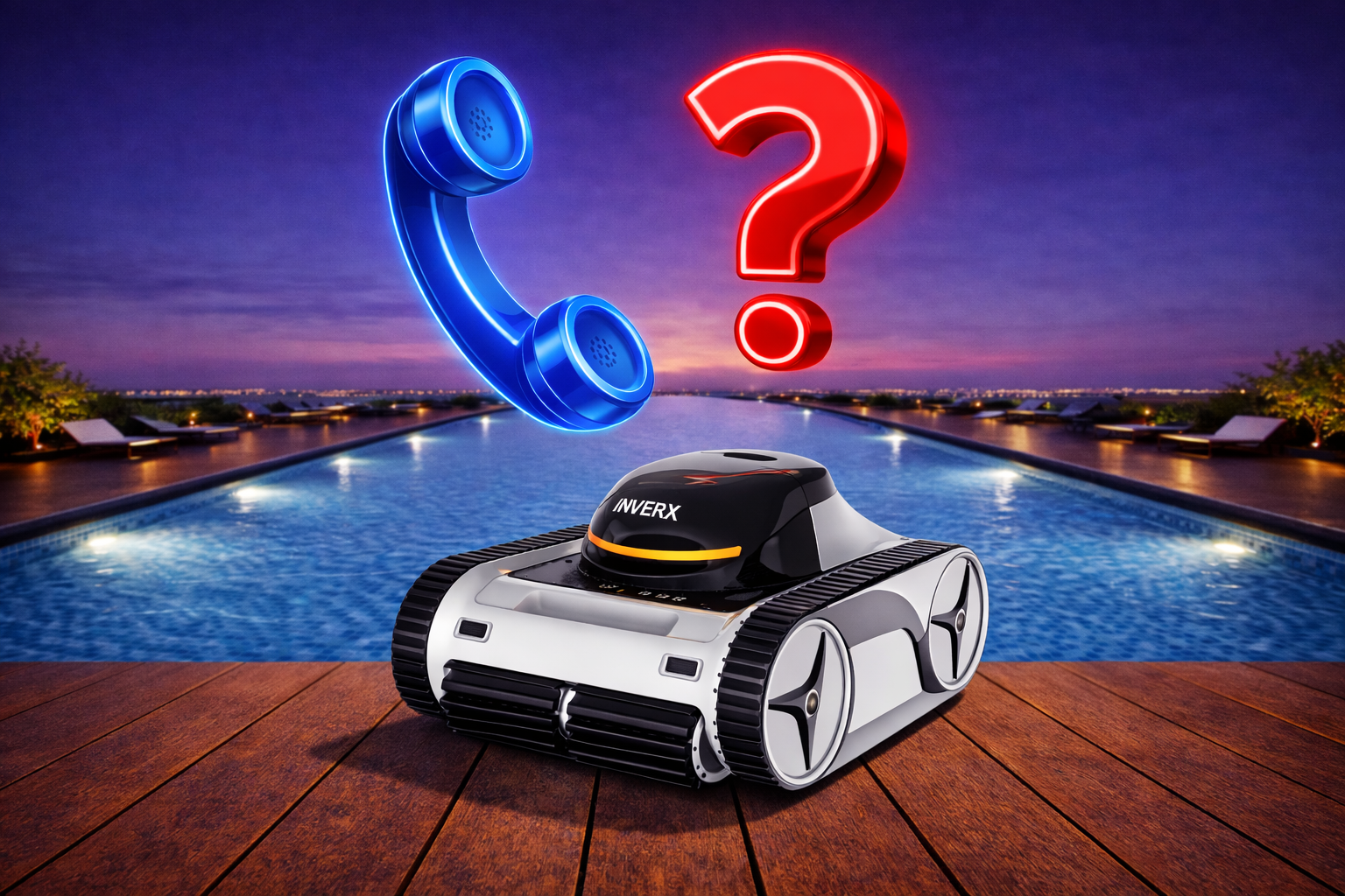 Robotický bazénový vysavač Fairland a symbol telefonu u bazénu