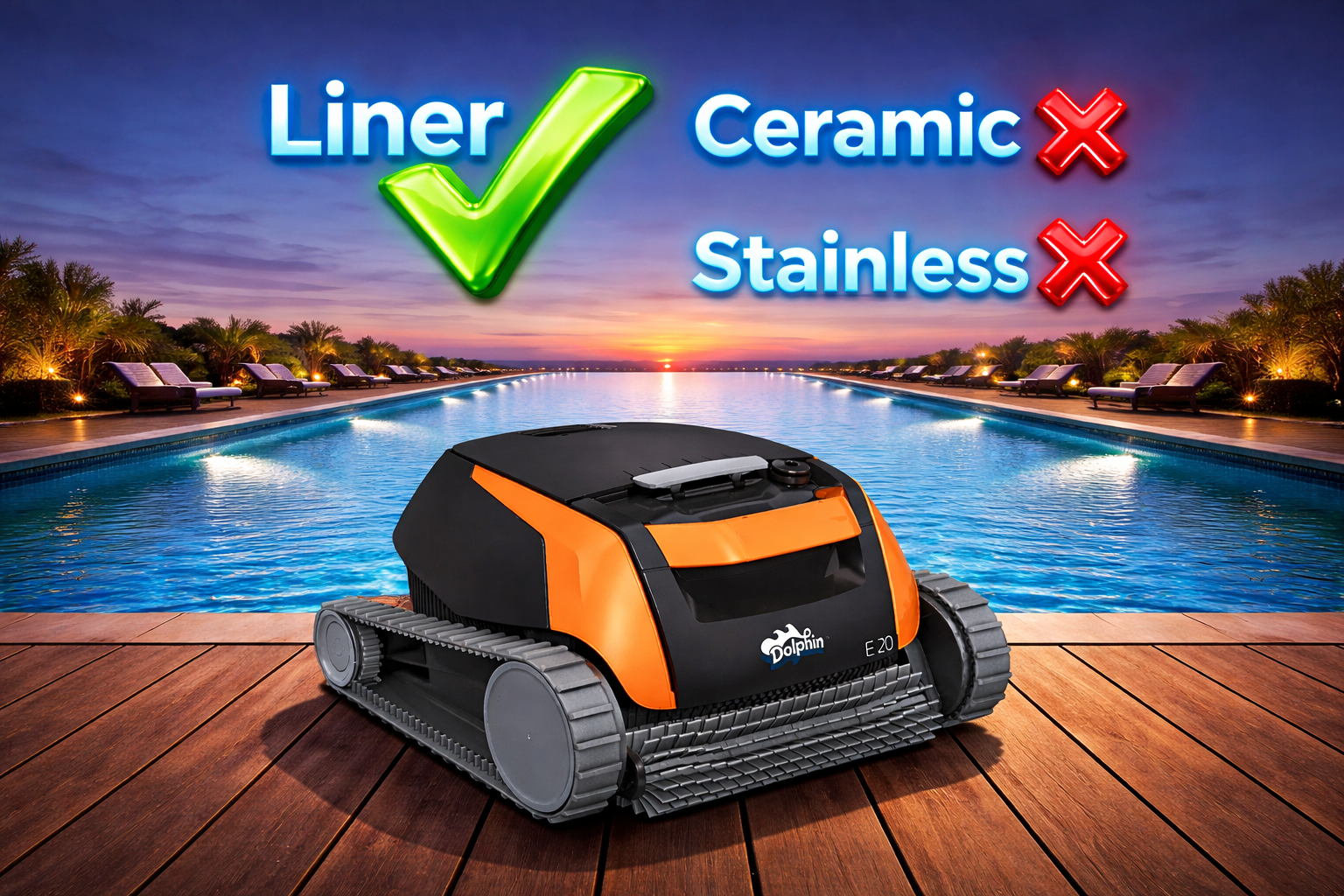 Dolphin E20 u bazénu, nad ním typy povrchu se symboly