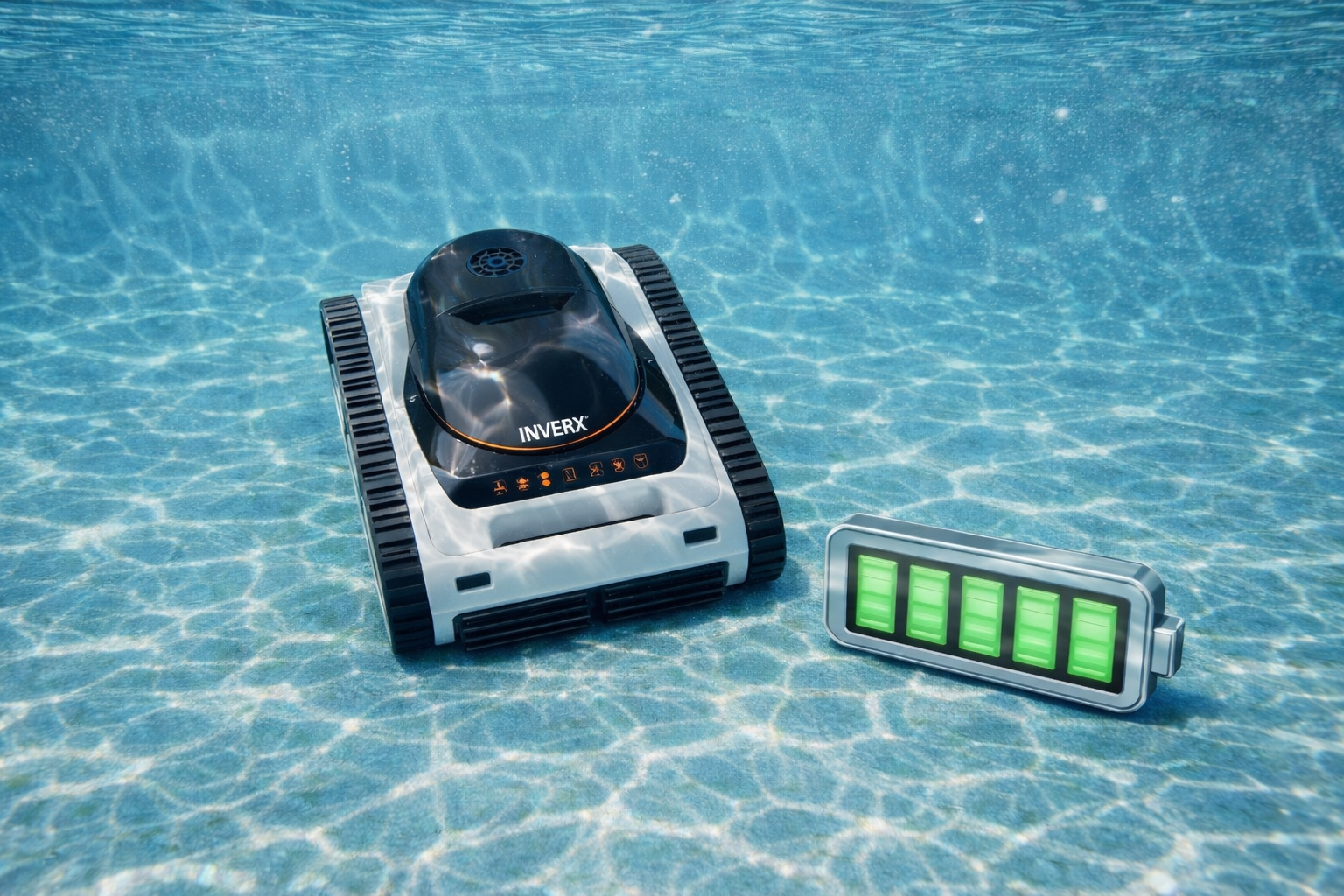 Robotický bazénový vysavač Fairland a symbol baterie ve vodě