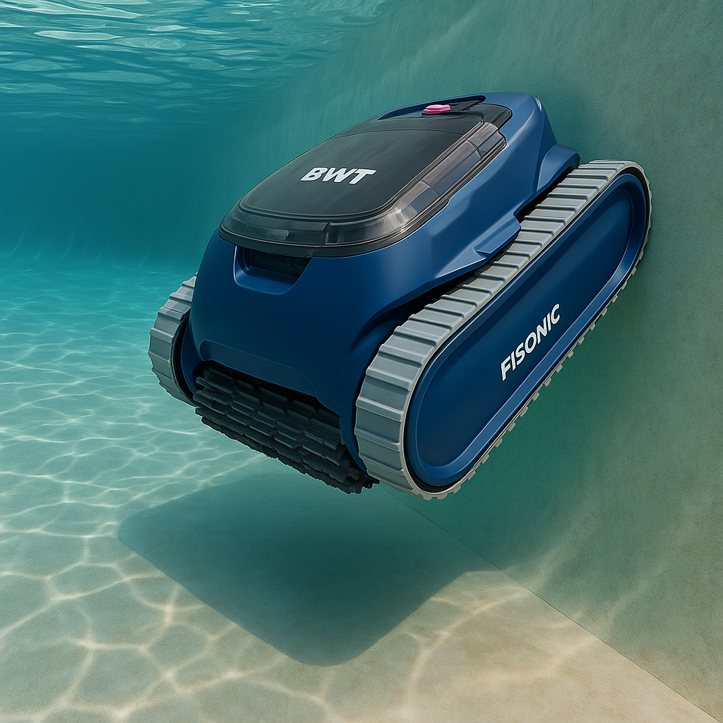 Robotický bazénový vysavač BWT F1 Sonic Pro při čištění stěn