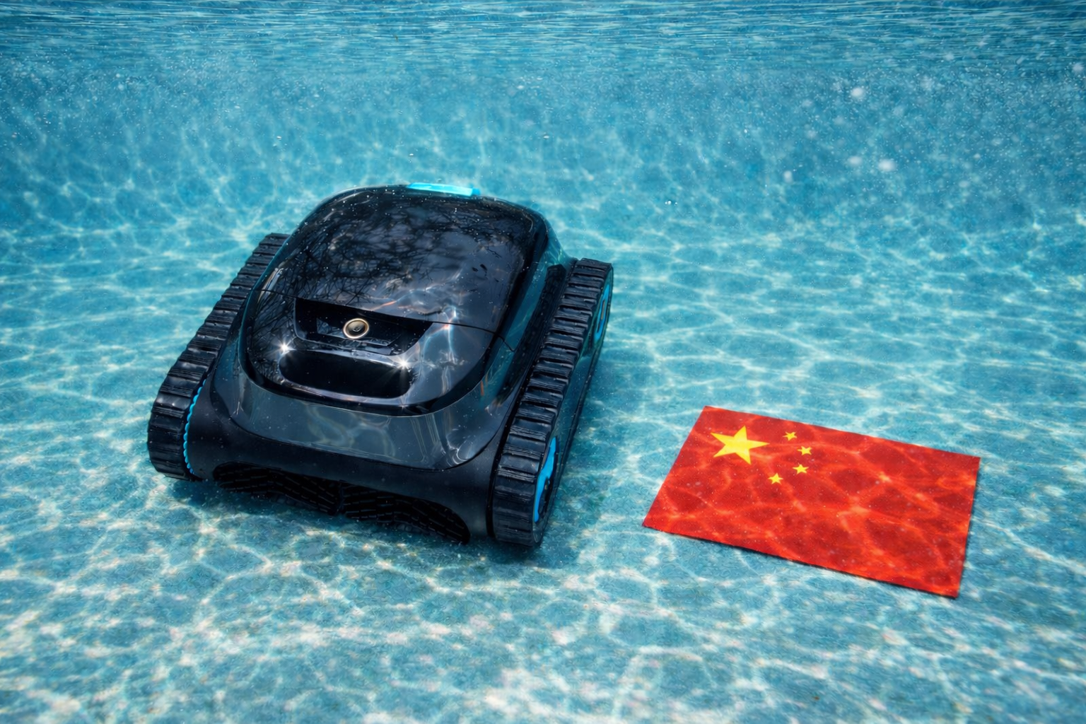 Robotický vysavač do bazénu a čínská vlajka ve vodě