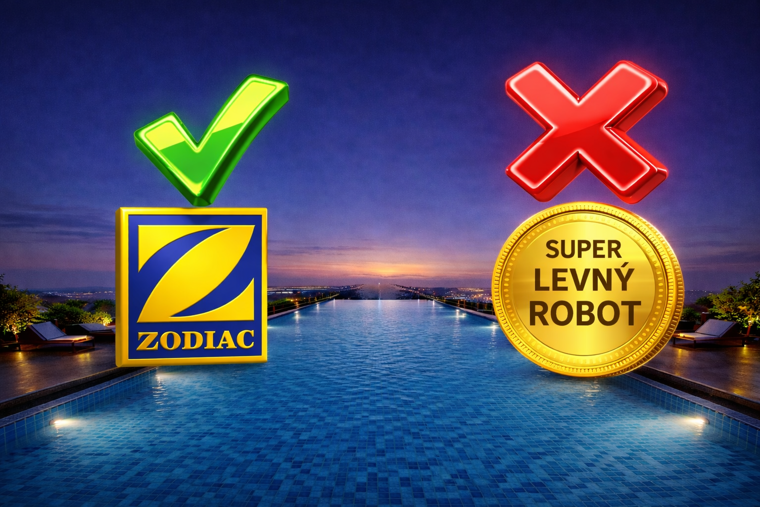 Logo Zodiac a logo levného robota nad bazénem