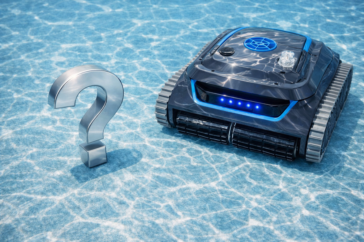 Robotický bazénový vysavač Wybot  a symbol otazníku ve vodě