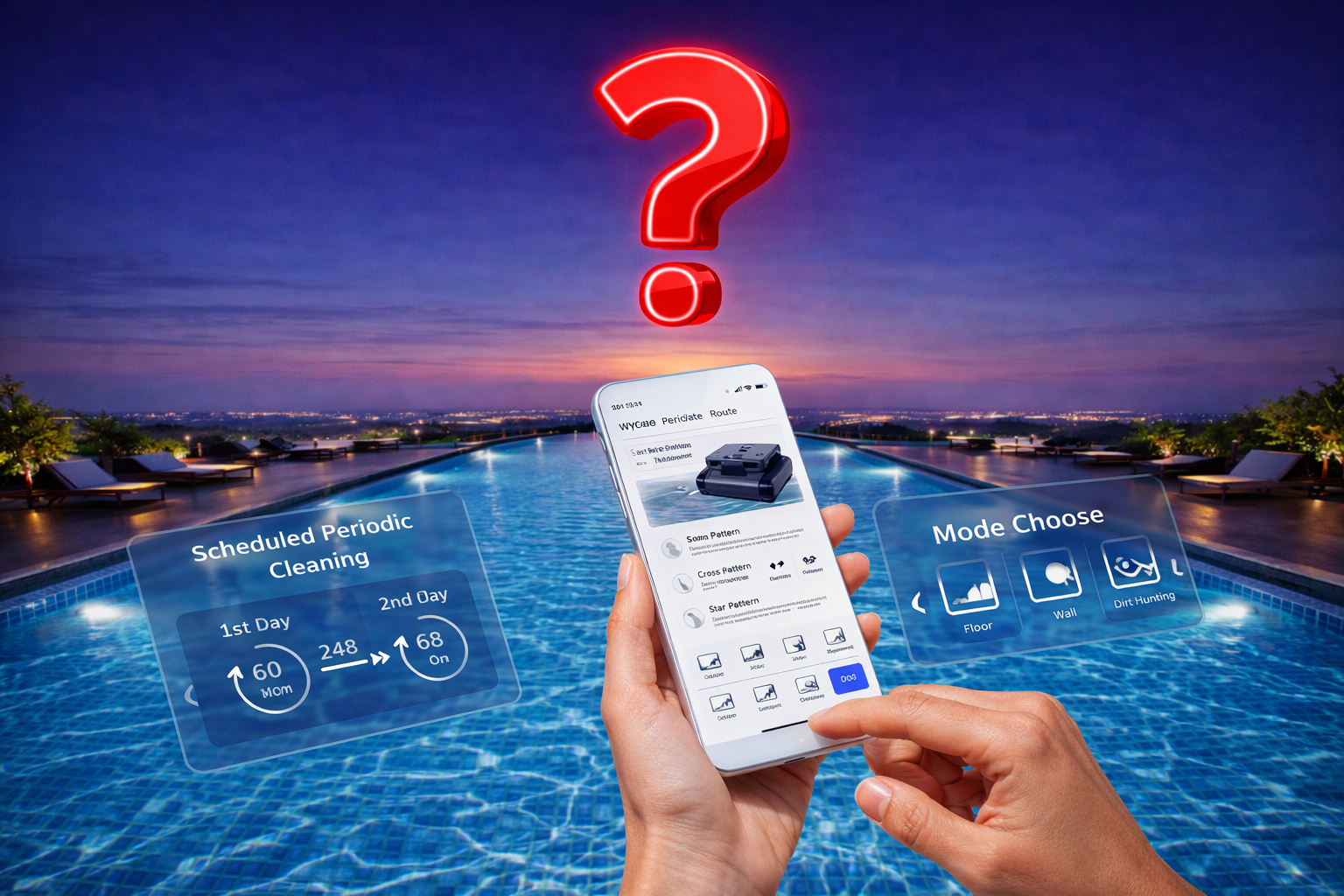 Mobil s aplikací nad bazénem