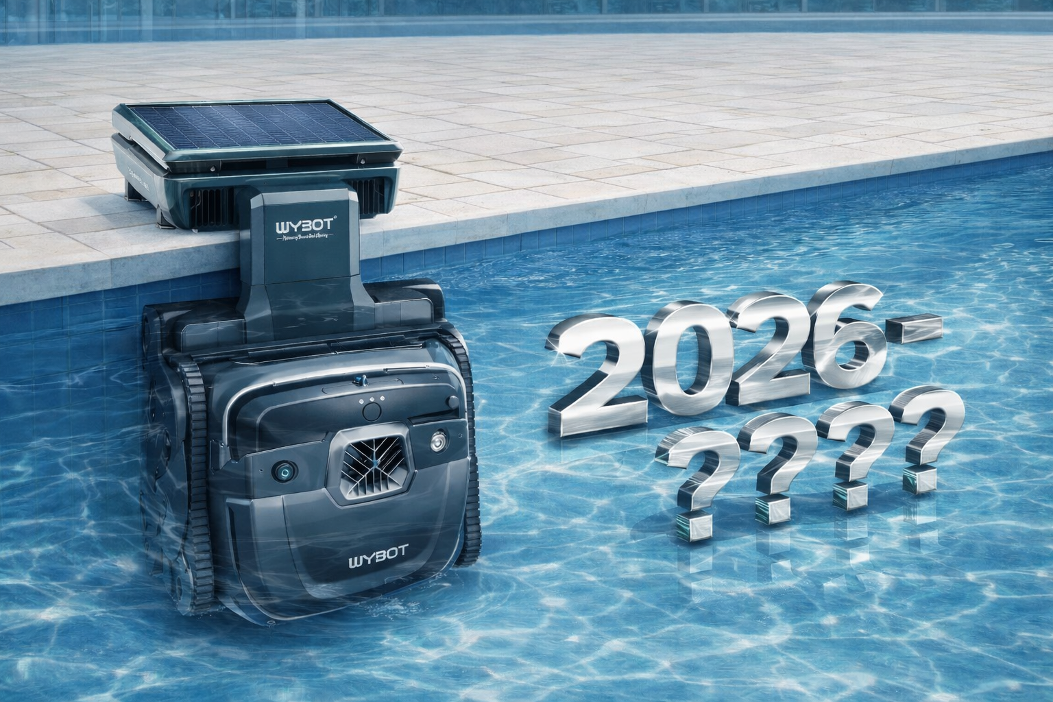 Robotický vysavač Wybot v dokovací stanici na hraně bazénu