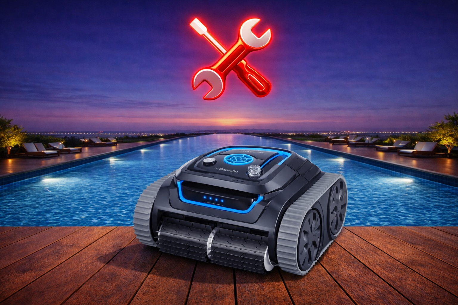 Robotický bazénový vysavač Wybot a symbol nářadí u bazénu