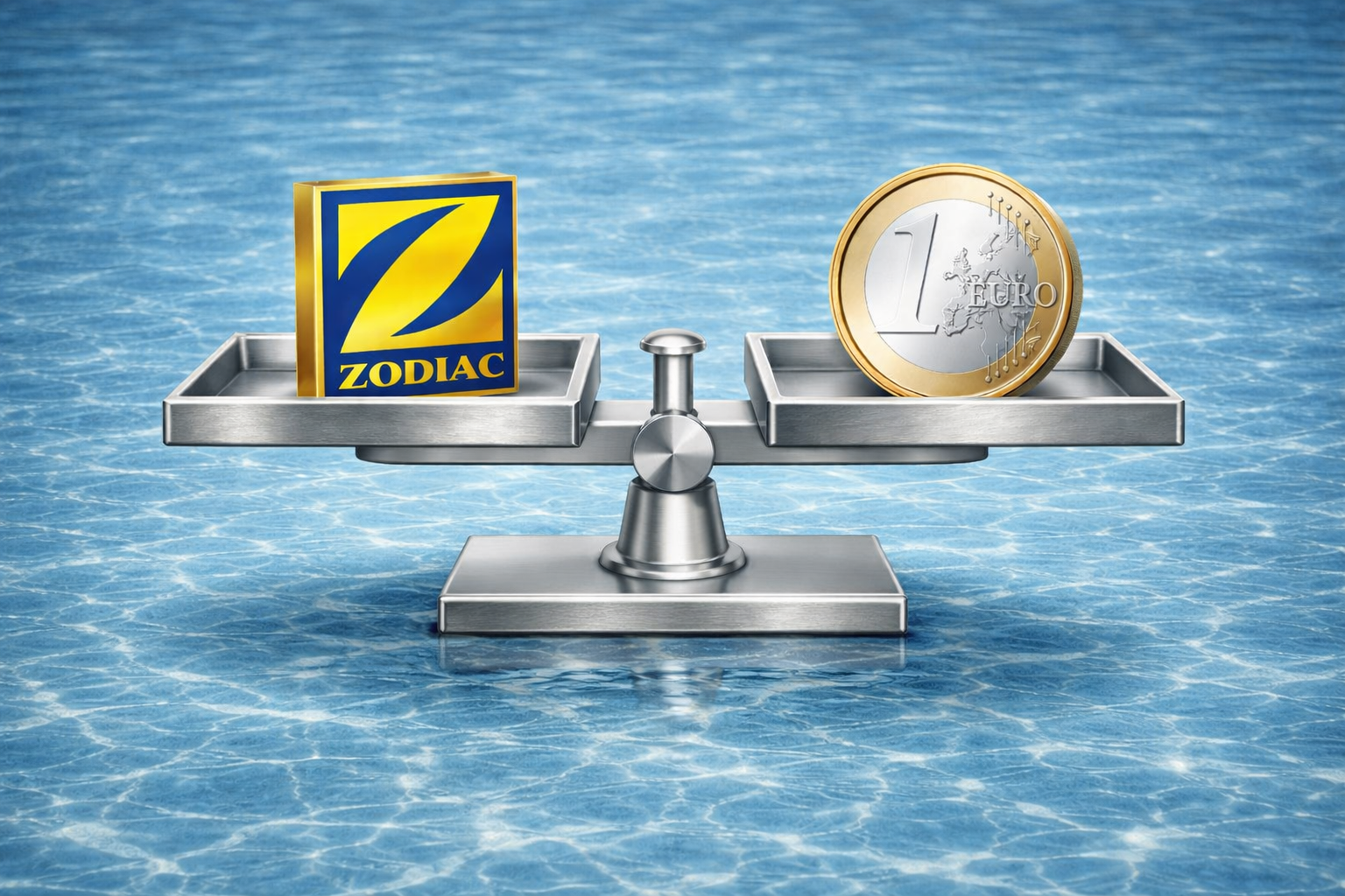 Váha na vodní hladině váží logo Zodiac a 1 € minci