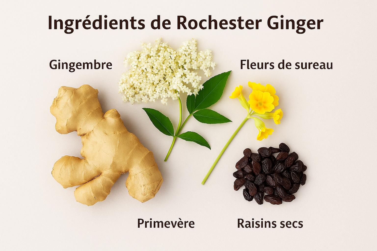 Détail : gingembre frais, fleurs de sureau, primevère et raisins secs