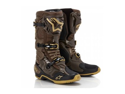 Boty TECH 10 limitovaná edice SQUAD, ALPINESTARS (tmavě hnědá/zlatá/černá)