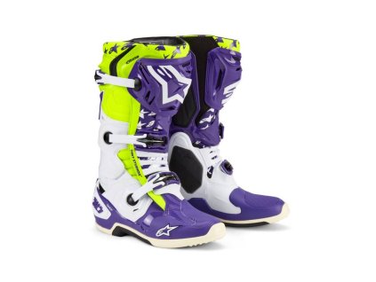 Boty TECH 10 limitovaná edice DIRT STUDIOS, ALPINESTARS (bílá/fialová/žlutá fluo) 2025