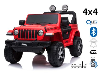 111024 elektricke auticko jeep wrangler jednomiestne cervene kozenkove sedadla radio s bluetooth prehravacom sd usb vstup pohon 4x4 12v10ah bateria eva kolesa odpruzena naprava 2 4 ghz dialkove ovladanie
