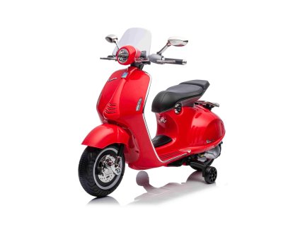 Elektrická motorka Vespa 946 aj so spätným chodom, červené, s pomocnými kolesami, Licencované, 2 x6V Batéria,2x 30W Motor, Koženkové sedadlo, MP3 Prehrávač s USB vstupom (Farba biele)