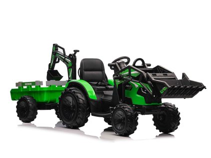 Elektrický traktor TOP-WORKER 12V s naberačkami a prívesom, Jednomiestne, zelené, mäkké PU sedadlo, MP3 Prehrávač s USB vstupom, Zadný pohon, 2 x 45W Motor, EVA kolesá, Lítiová batéria