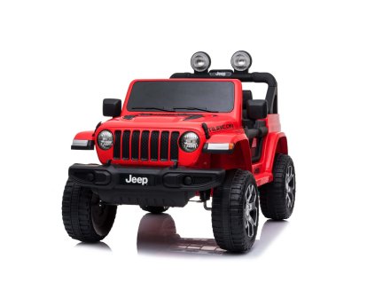Elektrické autíčko JEEP Wrangler, Jednomiestne, červené, Koženkové sedadlá, Rádio s Bluetooth prehrávačom, SD/USB vstup, Pohon 4x4, Lítiová batéria, EVA kolesá, Odpružená náprava, 2,4 GHz Dialkové Ovládanie