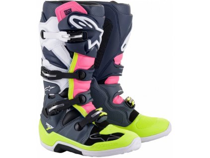 Boty TECH 7, ALPINESTARS (čierna/modrá/ružová/žltá fluo) 2022 (Veľkosť 38)