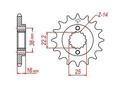 řetězové kolečko pro sekundární řetězy typu 525, JT - Anglie (14 zubů)