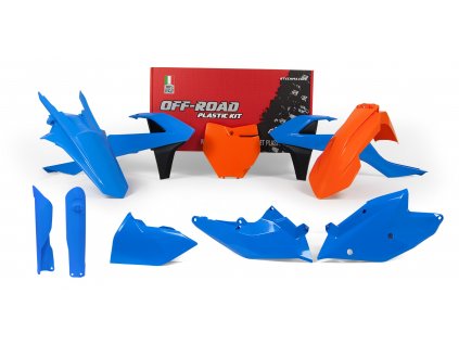 sada plastů KTM (speciální edice Troy Lee Designs), RTECH (modro-oranžovo-černá, 7 dílů, vč. chráničů vidlic)
