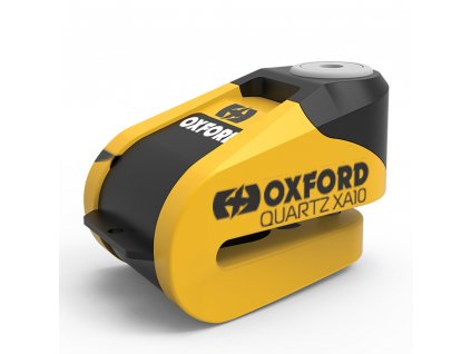 Zámek kotoučové brzdy Quartz Alarm XA10, OXFORD - Anglie (integrovaný alarm, žlutý/černý, průměr čepu 10 mm)