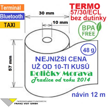 Termo kotouček 57/30/10 BPA 12m bez dutinky  (57/30/ECL, 57mm x 12m)  bez dutinky=víc navinutého papíru