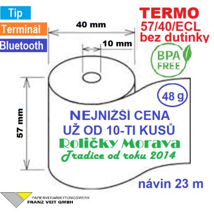 Termo kotouček 57/40/10 BPA 23m bez dutinky (57/40/ECL, 57mm x 23m)  bez dutinky=víc navinutého papíru