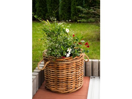 Duży rattanowy kosz do przechowywania z uchwytami ze sznurka i tkaniny, okrągły - brązowy