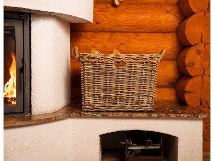 Duży rattanowy kosz do przechowywania z uchwytami ze sznurka, kwadratowy - szary