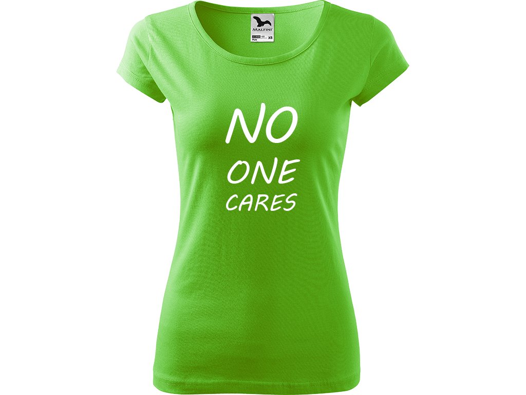 Ručně malované triko světle zelené s bílým motivem - No one cares