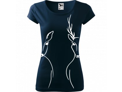 Ručně malované triko námořnické modré s bílým motivem - Srnka & Jelen na bocích