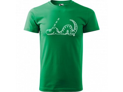 Ručně malované triko středně zelené s bílým motivem - Dinosaurus spící