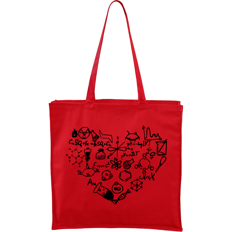 Ručně malovaná větší plátěná taška - Chemikovo srdce Barva tašky: ČERVENÁ, Barva motivu: ČERNÁ