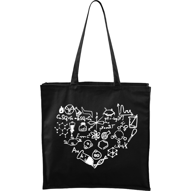 Ručně malovaná větší plátěná taška - Chemikovo srdce Barva tašky: ČERNÁ, Barva motivu: BÍLÁ