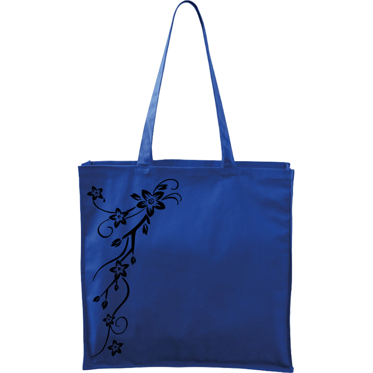 Ručně malovaná větší plátěná taška - Květy Barva tašky: MODRÁ, Barva motivu: ČERNÁ